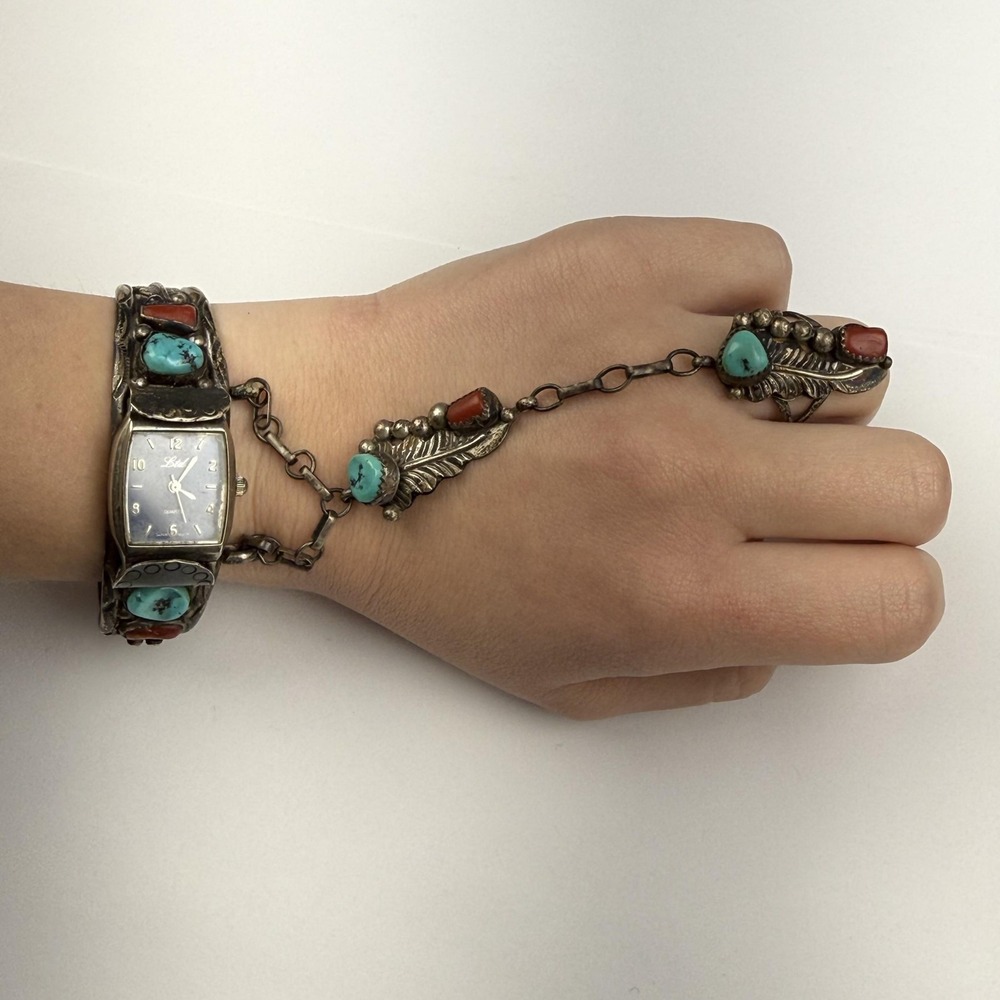 Vintage Litt Womens Watch Turquoise Coral Sterling Bracelet Ring Quartz